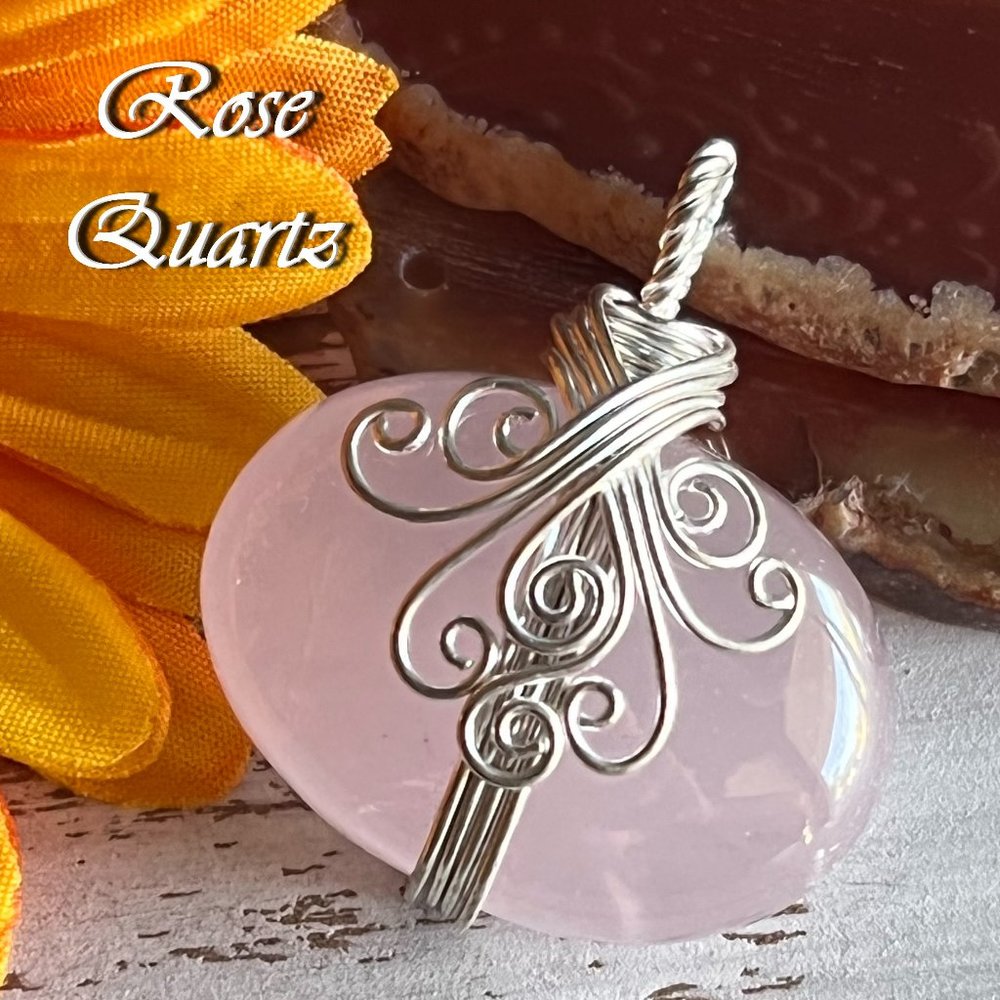 Rose Quartz Pendant Handmade Gemstone Crystal Silver Overlay Wire Wrapped New!